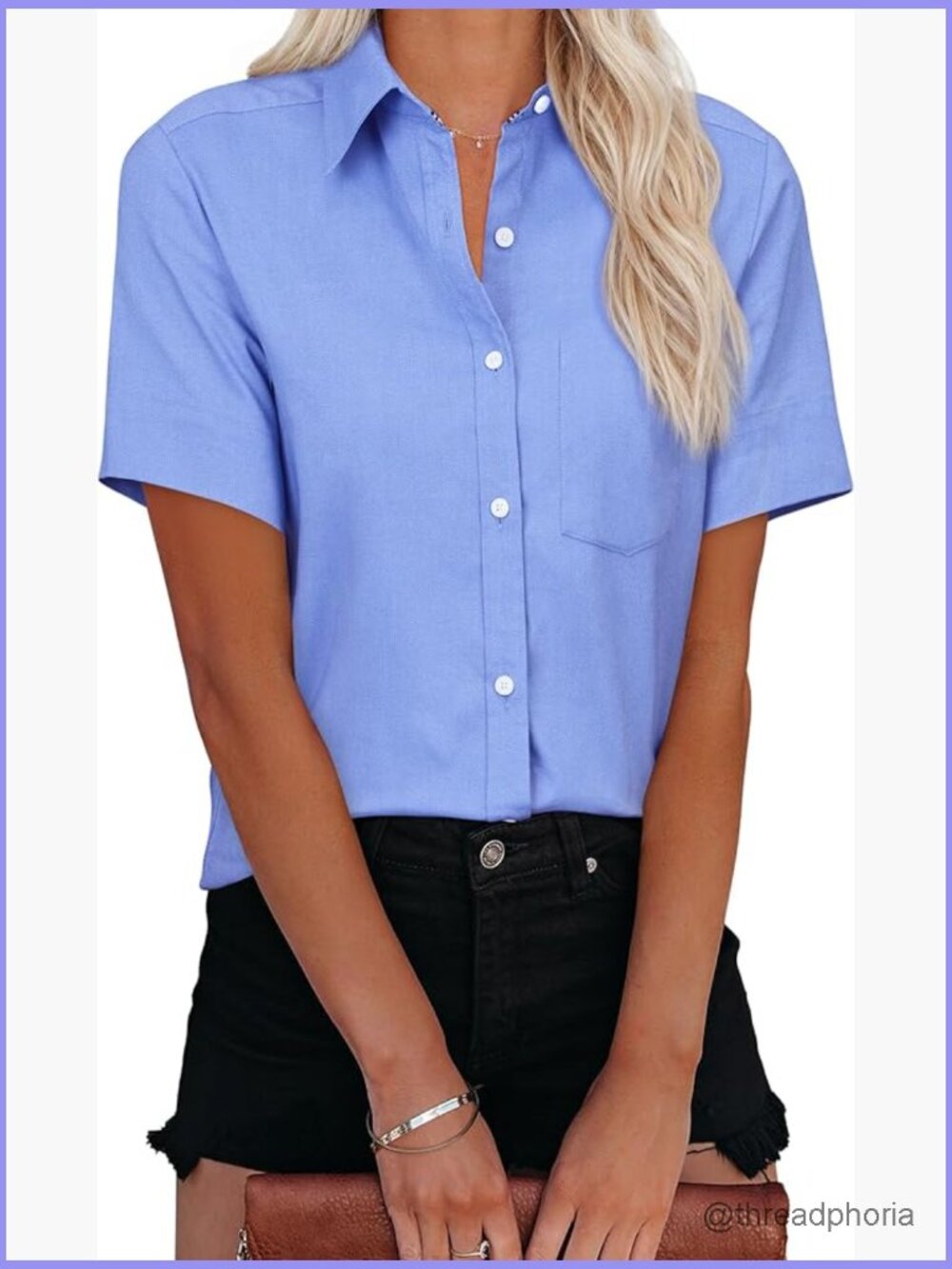 Short Sleeve Oxford Button Down Shirt V Neck Blouse with Pocket